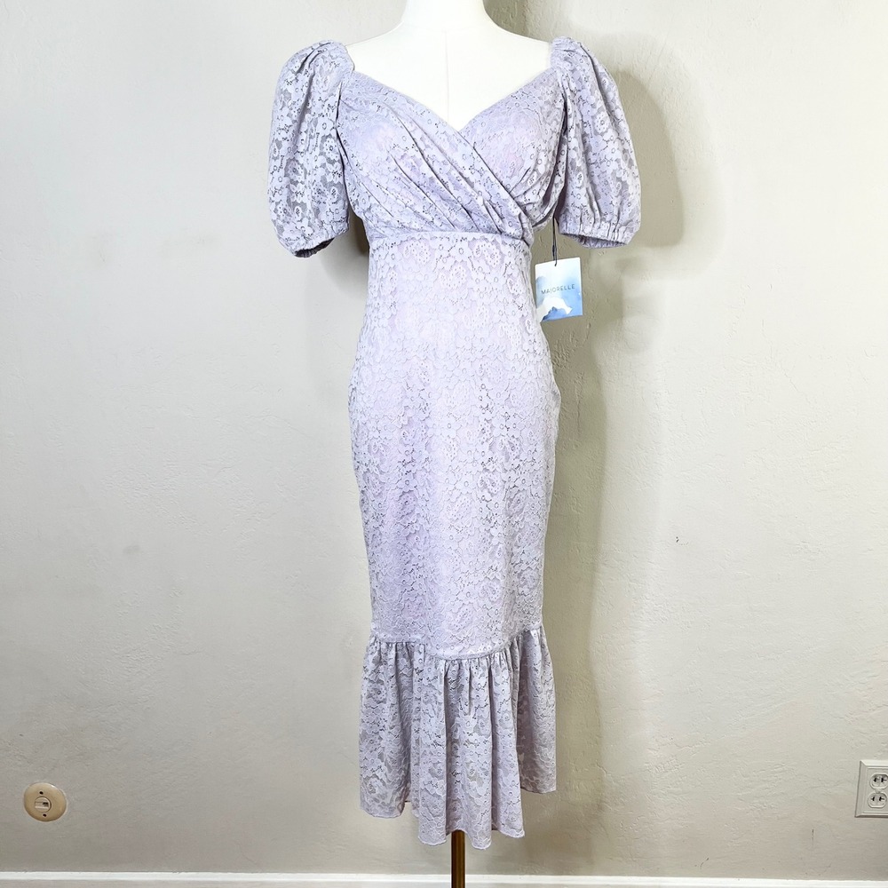 MAJORELLE Sammy Lilac Lace Puff Sleeve Mermaid Hem Midi Dress Size XS NEW
